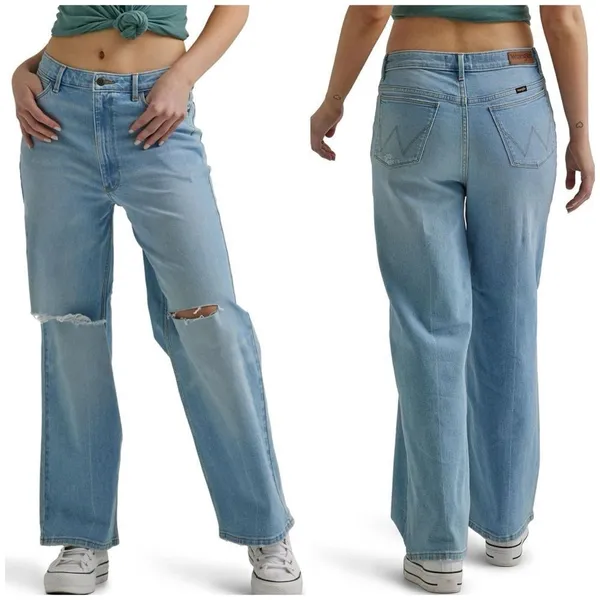 Wrangler High Rise Loose Straight Distressed Light Wash Jeans Size 12 - Image 15