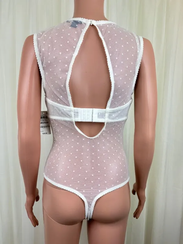 INC INTIMATES Lace Mesh Molded Cup Underwire Thong Bodysuit Sz MD White Cup C-D - Image 4