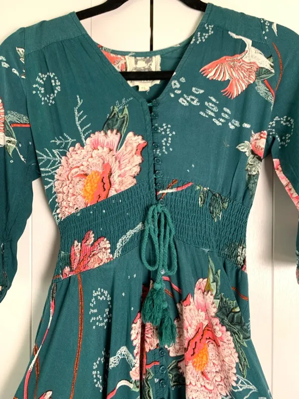 Jaase Maxi Dress XS Teal Floral Boho Autumn Wedding Guest Smocked V-Neck - Image 4