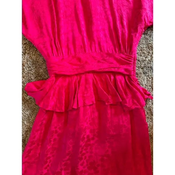Vintage 1980s Argenti 100% Pure Silk Peplum Dress Tomato Red Jacquard Keyhole - Image 3
