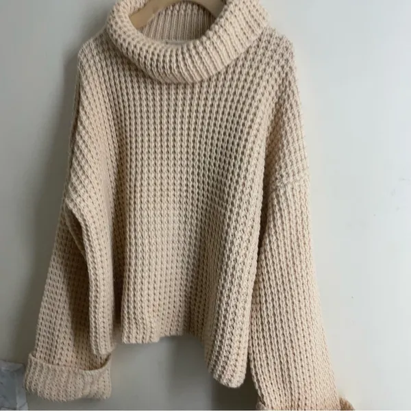 Goodnight Macaroon Retta Cognac Ribbed Waffle Knit Oversized Cropped Turtleneck - Image 10