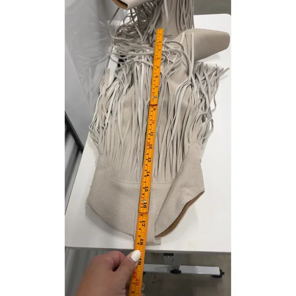 Fringe Western Tall Boots Square Toe Block Heel Beige Faux Suede Boho Stone 7,5 - Image 7