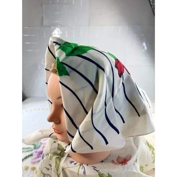 Christian Dior Vintage Silk Scarf Red Rose Navy Wavy Stripe Cream Made in France - Image 5
