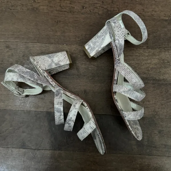Vintage calico leather snakeskin pattern strappy block heel sandal shoe - Image 4