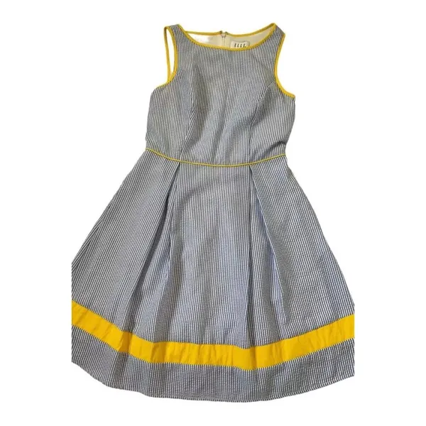Elle Women Size Small Fit & Flare Seersucker Dress Blue Yellow Pleated | 21-917 - Image 4
