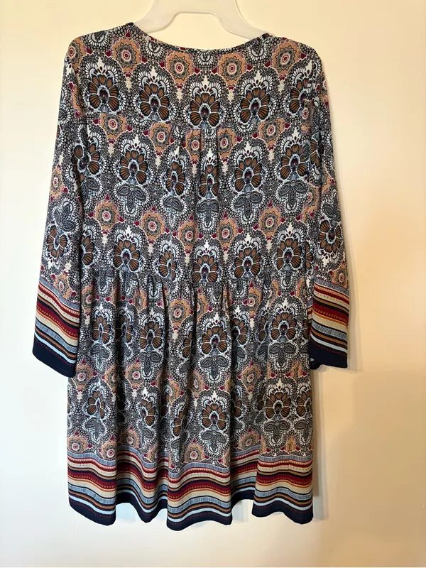 entro Brown Paisley Long-Sleeve Swing Dress with Striped Hem - Image 7
