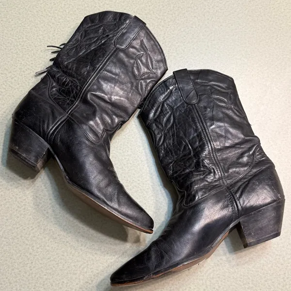 Vintage Laredo black leather‎ fringe cowboy boots BURNING MAN size 9 T1 - Image 4