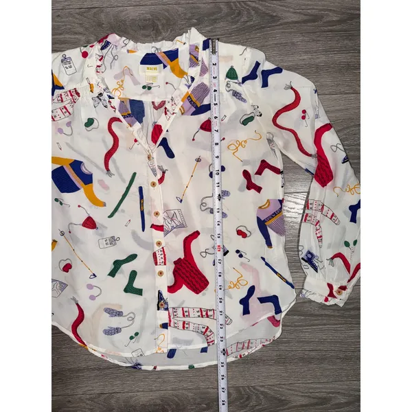 Maeve Anthropologie Blouse Size 2 Winter Gear Novelty Print Ruffle White Multi - Image 6