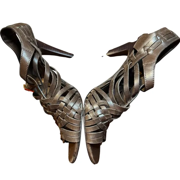 Tory Burch Shoes Womens Size 7.5M‎ Brown Leather Woven High Heel Sandals Strappy - Image 5