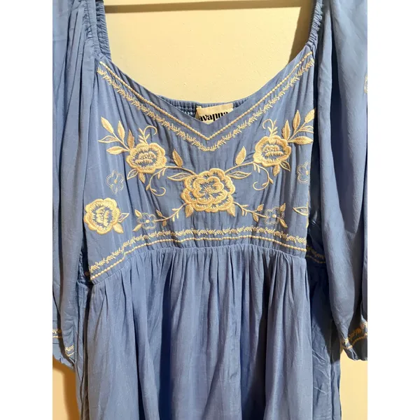 Savanna Jane Babydoll Dress 1X Blue New Floral Embroidered‎ Boho Puff Sleeve - Image 3