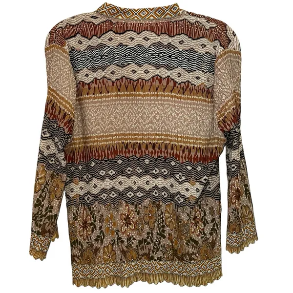 Boho Sheer‎ Blouse XL Earth Tone Floral Button Front Lightweight - Image 4
