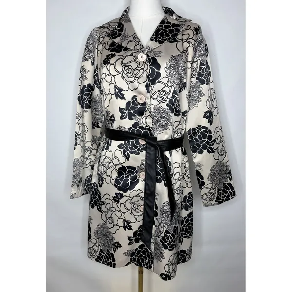 Just In Time Floral Trench Coat Cream Black Satin Duster Leather Belt Med - Image 2