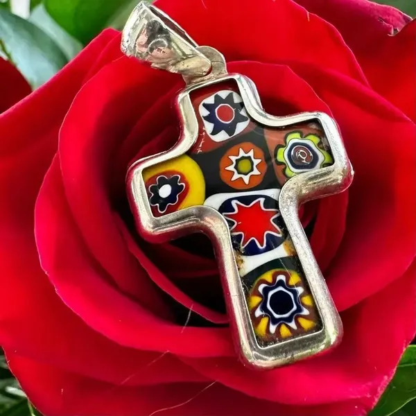 Sterling silver Vintage Murano Millefiori Cross Pendant - Image 2