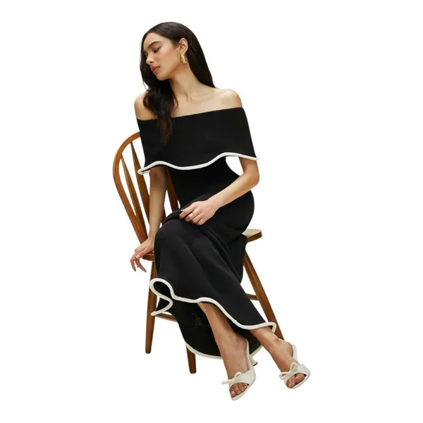 COMMENSE Color Block Off-Shoulder Ruffled Knit Dress- Black, Medium NWT Sold Out - Image 3