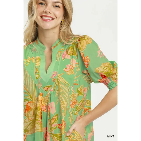 Umgee Botanical Print Dress with Smocked Cuffs - Mint - Small - Image 2