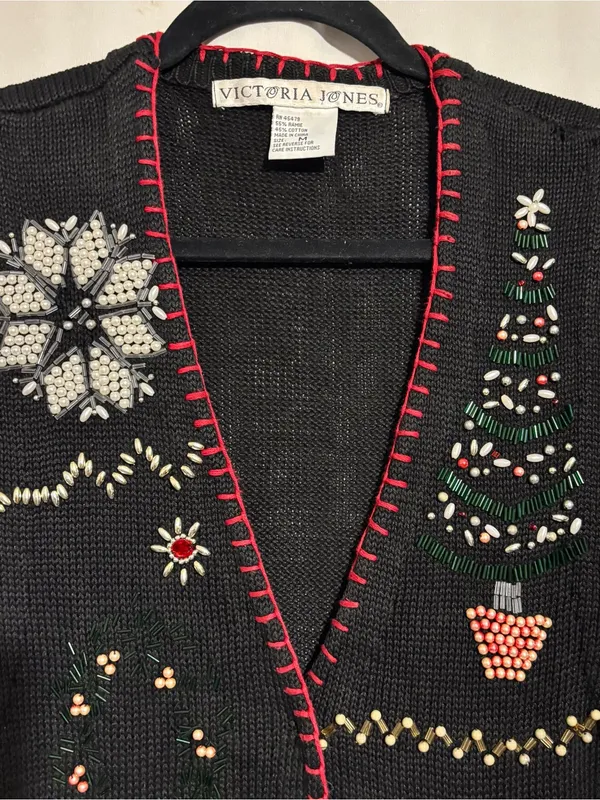Victoria Jones Medium Beaded Black Holiday Vest with Red Trim Snowman Snowflakes - Image 2