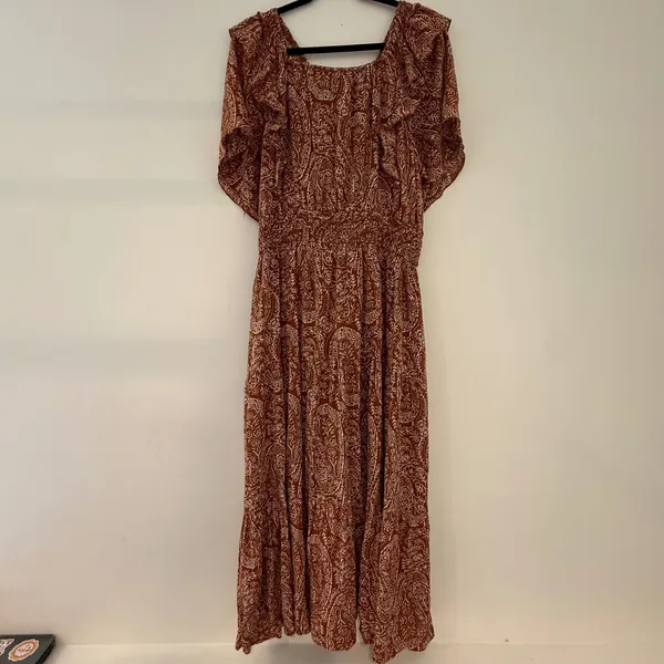 Mikarose Rust Paisley Ruffle V-Neck Smocked Maxi Dress XXL MDFP23619 - Image 4