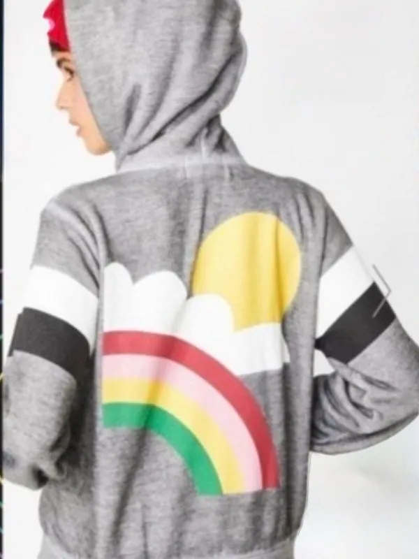 Wildfox RARE NWOT Gray Hooded Sweatshirt with Rainbow & Sun Back Graphic - Image 2