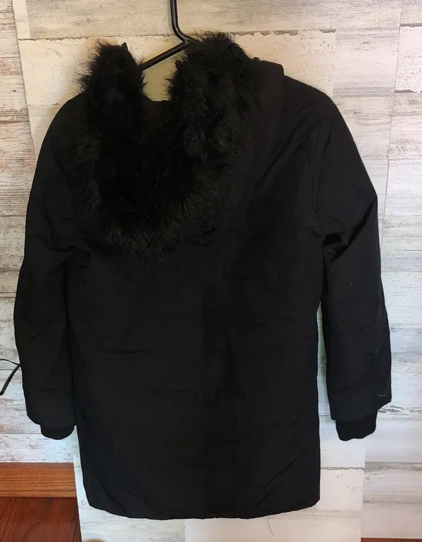ZARA BASIC Outerwear long black jacket coat with fuzzy hood size small - Image 4