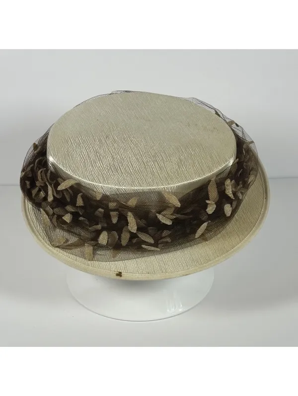 Vintage Ladies' Ivory Satin Hat with Brown Leaf Detail - Image 5