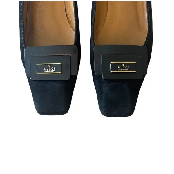 Vintage Gucci‎ Black Suede Square Toe Kitten Heels Logo 36 - Image 3