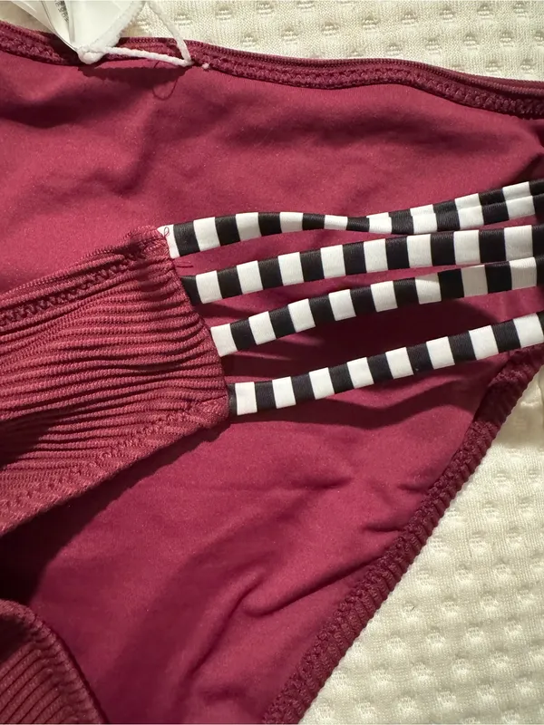 Cupshe Ribbed Burgundy Bikini with Black-and-White Strappy Accents - Image 2