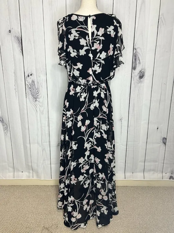 White House | Black Market Sz 8 Chiffon Black Garden Floral Elastic Waist Midi Dress Keyhole Neckline - Image 8