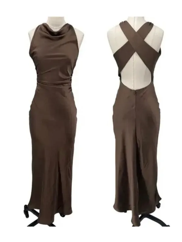 House of Harlow Brown Satin Cowl Criss Cross Back Maxi Dress XL New - Image 4