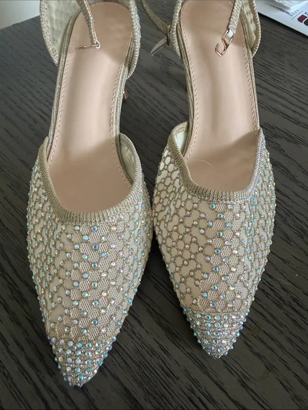 Elegant Champagne Mesh Pointed-Toe D'Orsay Heels with Ankle Strap - Image 2