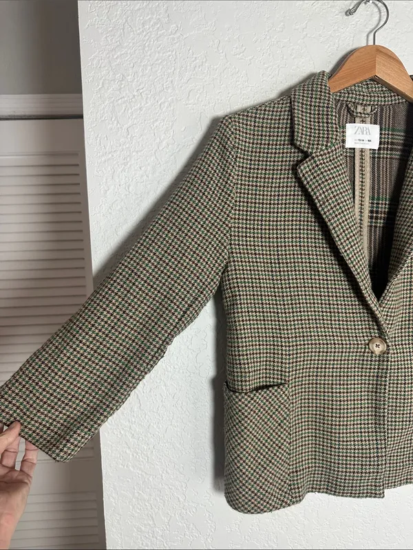 Vintage Zara Houndstooth Single Button Blazer Crop Academia Collegiate Business - Image 3