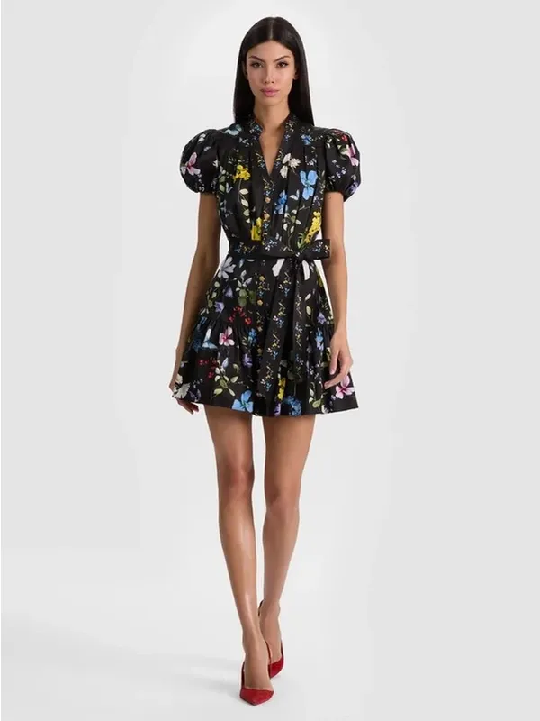 Alice + Olivia Cora Mini Shirt Dress in Twisting Vines Black XS - Image 12