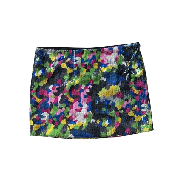 Sans Souci Multi Color Camo Sequin Miro Mini Skirt S Abstract Party Festival Y2K - Image 3