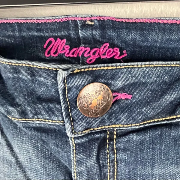 WRANGLER Blue Denim Pockets Distressed Bootcut Jeans 10 Rodeo Cowgirl Festival - Image 3