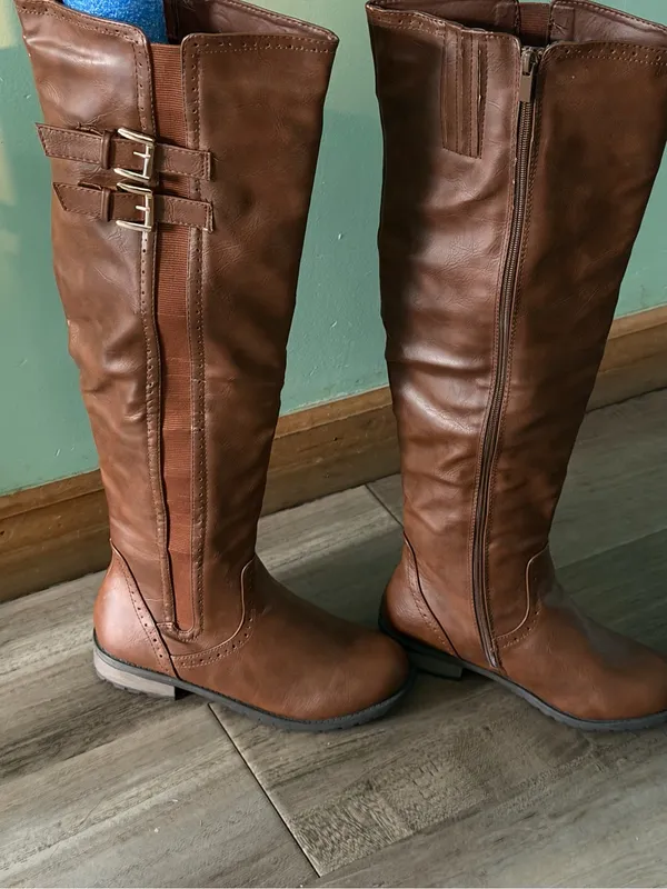 Faux Leather Over-the-Knee Riding Boots Brown with Buckles. - Image 2