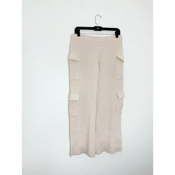 Edikted Wynter Knit Cargo Pants Size Medium Cream Ribbed Wide Leg Loungewear - Image 13
