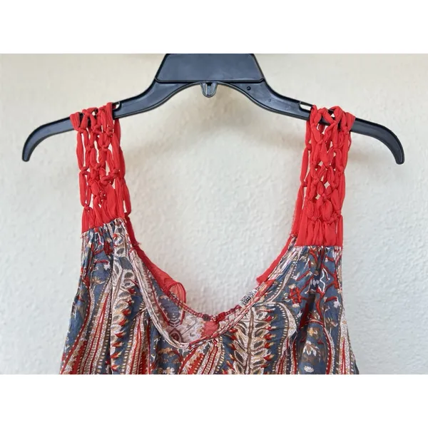 Free People Red Boho Paisley Print Festival Tank Draped Flowy Tie Back Women’s M - Image 2
