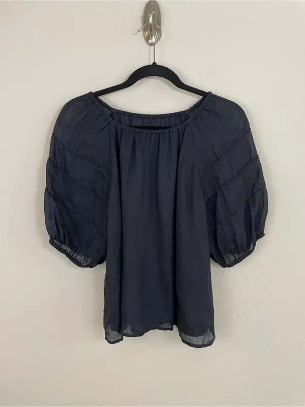 J. Crew Black Puff Sleeve Ramie Top Size Medium - Image 2