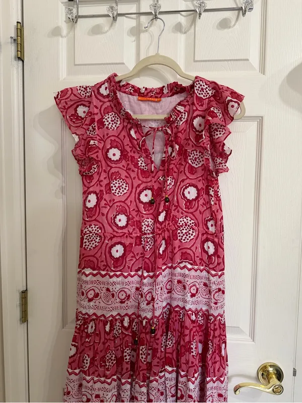Oliphant Tuckernuck Jaipur Pink Rose Ruffle Bohemian Boho Maxi Dress Flowy - Image 7