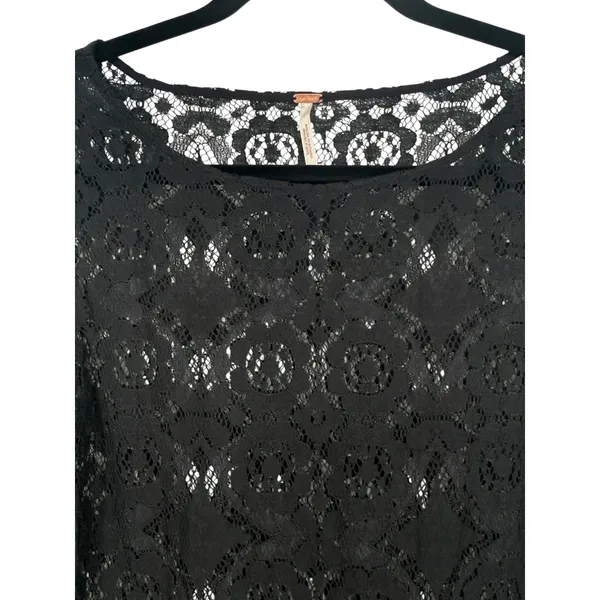 Free People Sheer Floral Lace Mini Dress 3/4 Sleeve Ruffle Hem Black Boho Size 0 - Image 5