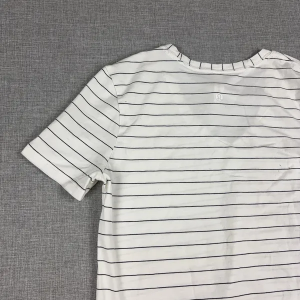 Lululemon Striped Shirt Womens 2 White V-Neck Short Sleeve Pima Cotton Top - Image 12