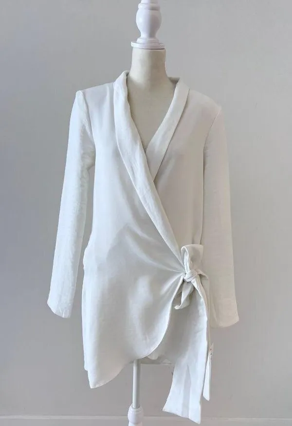 ASOS DESIGN side tie tux mini dress with cowl back detail in ivory US 4 - Image 3