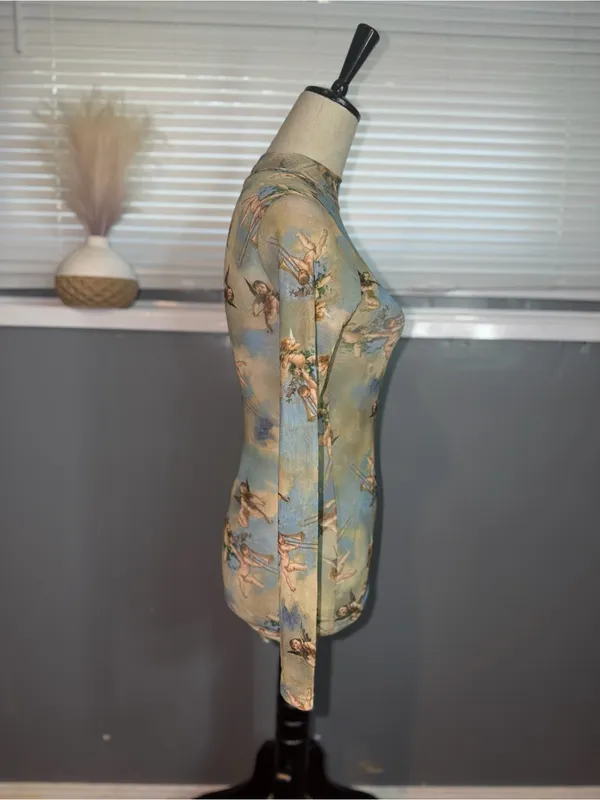 Sweet Lilac XS Cherub Angel Print Sheer Mesh Mock Neck Long Sleeve Top - Image 5