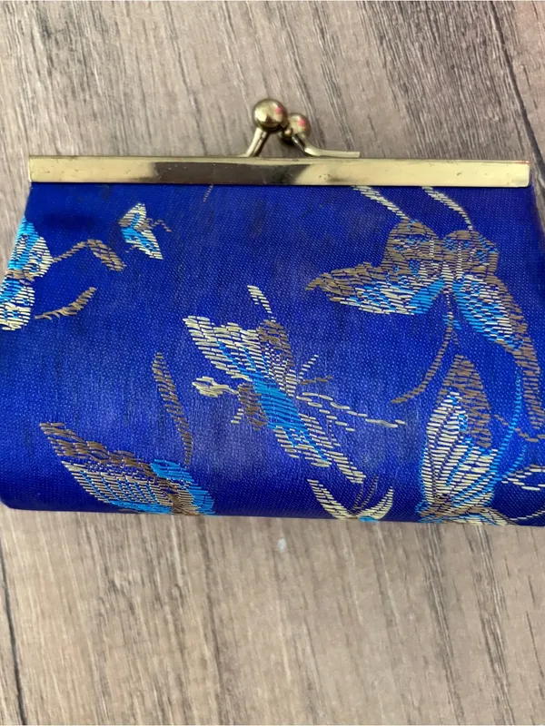 Vintage Blue Brocade Floral Kiss Lock Coin Purse Clutch Gold Tone Frame Travel - Image 2
