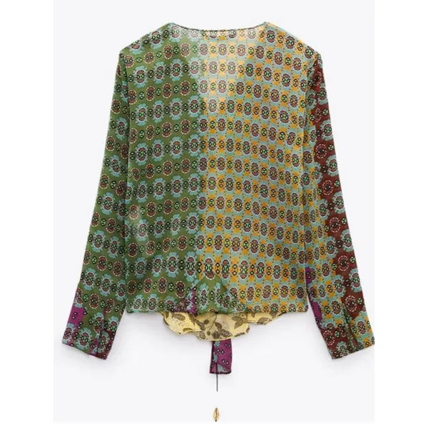Zara Patchwork Floral Tie Neck Blouse Boho Y2K Sheer Top Multicolor Size S - Image 3