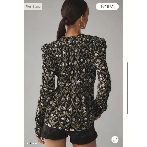 Anthropologie Floral Puff Shoulder Ruched-Sleeve V-Neck Top Women's Size XS‎ - Image 2