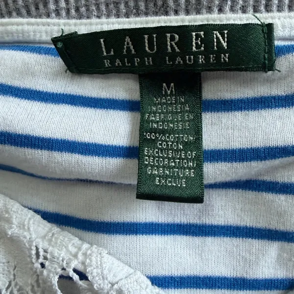 Lauren Ralph Lauren Striped Lace Yoke Dress Blue White Nautical Cotton Sheath M - Image 4