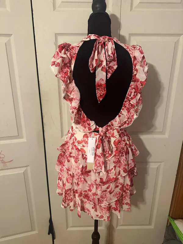 New with tags Ever New Astrid Ruffle Tiered Mini dress in size 4. This garment has a red peony blossom floral print on a light background. It is designed with a button-front bodice, ruffled cap sleeves, and a tiered skirt. The back features a large open cutout with tie closures at the neck and waist. - Image 2