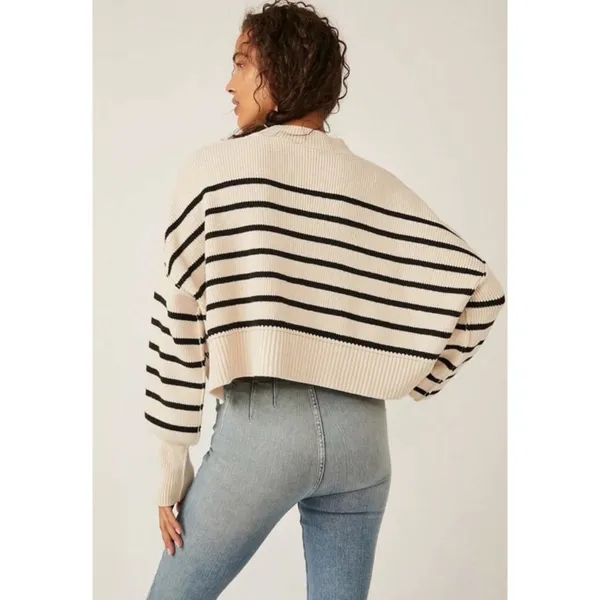 Free People Easy Street Stripe Crop Pullover Medium Cream Black Coastal Preppy - Image 9