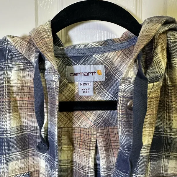 Carhartt Relaxed Fit Flannel Hooded Plaid Shirt Size Medium Blue Tan Button Down - Image 4