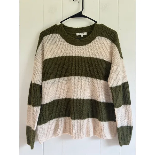 Madewell Womens XS Alpaca Blend Striped Crewneck Sweater Green Cream - Image 3